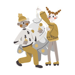 Couple decorating a Christmas tree