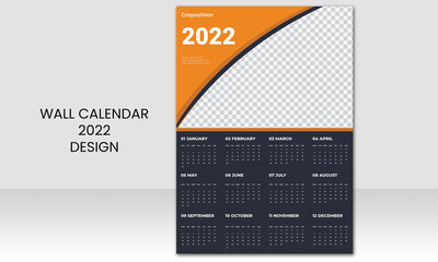 Print Ready One Page Wall calendar design template for 2022 Vector template collection. Week starts on Monday and clean, stylish and creative eye catchy design.