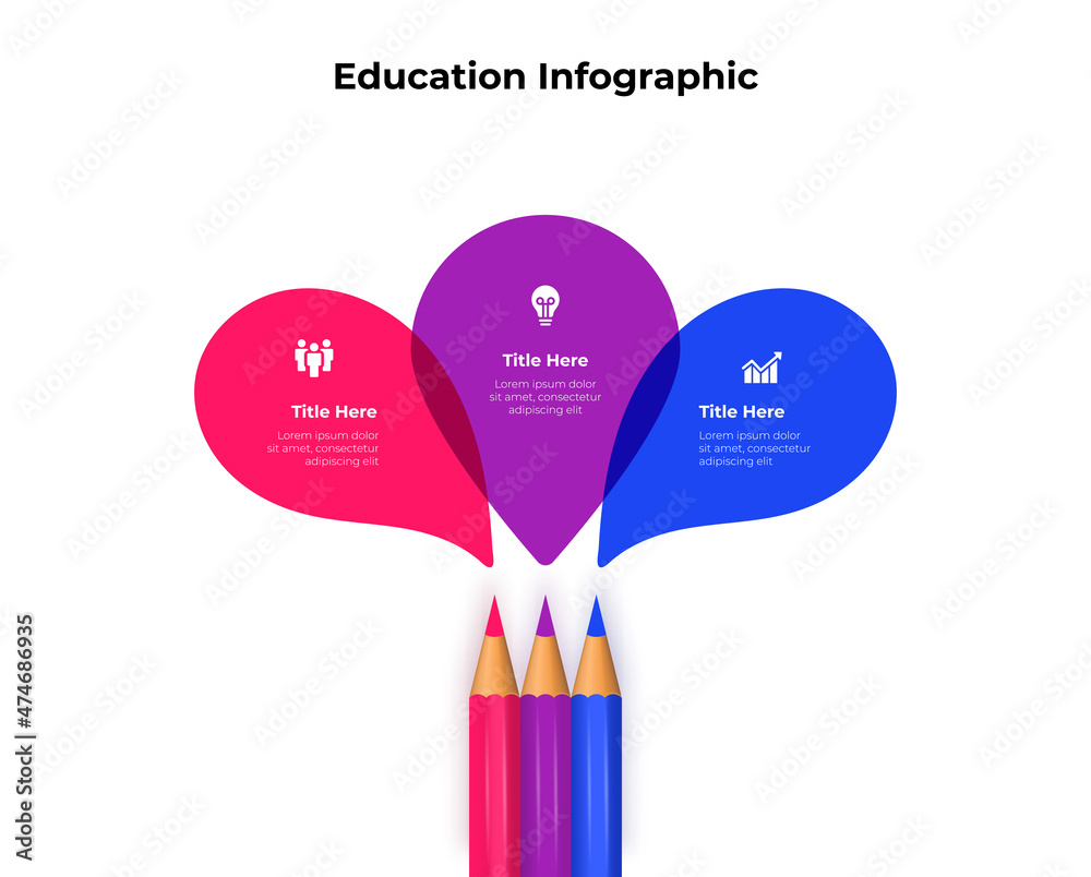 Poster education infographic with 3 pencils and multiply elements. concept of three steps of study progress