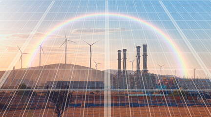 Natural gas processing plant with Renewable energy wind turbines generating electricity reflection to solar panels at sunset with rainbow - Industrial concept 