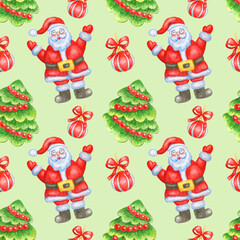 Watercolor seamless holiday pattern with santa claus,christmas tree and christmas toy isolated on light green background.Use for package design and wrapping paper.