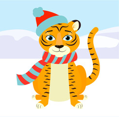 An orange tiger in the winter