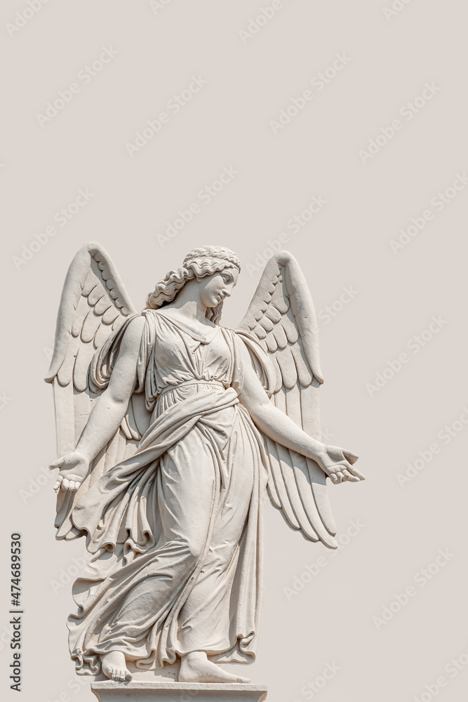 Wall mural cover page with a beautiful angel as a bas relief wall sculpture, details, closeup, with copy space 