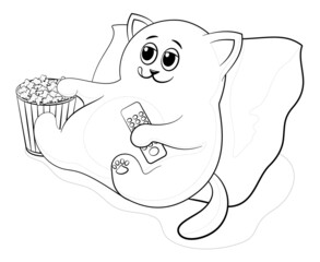 Cartoon Cat Televiewer with Popcorn and Remote Control From the TV, Black Contours Isolated on White Background. Vector