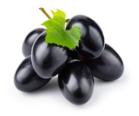 Black grape isolated on white. Fresh dark grape with leaves. With clipping path. Full depth of field.