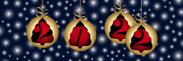 2022 - Bannière 3D composée de 4 boules de Noël or avec à l’intérieur un chiffre rouge de la nouvelle année - fond bleu nuit étoilé.