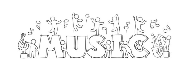 Sketch of crowd little people with flying notes.