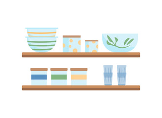 Shelves for kitchen semi flat color vector objects. Household items. Realistic item on white. Porcelain and tableware isolated modern cartoon style illustration for graphic design and animation
