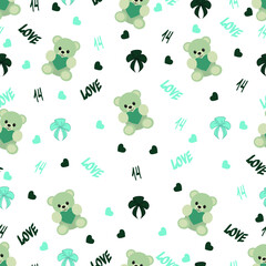Seamless vector pattern. Bears, bow, heart, lettering Love, number 14. in gray, green and blue colors for Valentine's Day, on a white isolated background. 