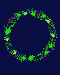 Colorful Christmas wreath with abstract leaves and balloons on a blue background