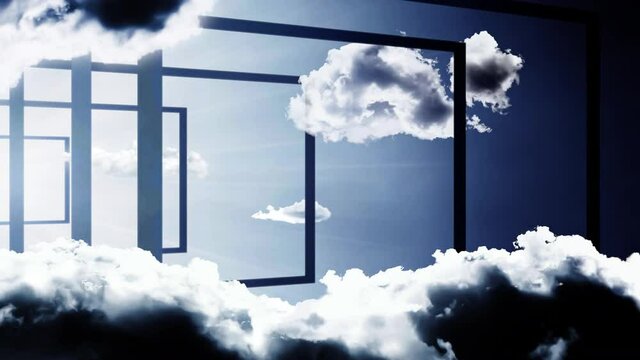 A blue sky with clouds with bright sunbeams and a smoothly emerging rectangular portal. 4K 3D creative video animation with parallax effect.