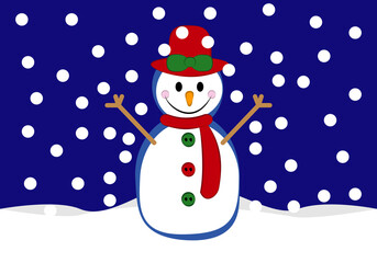 Muñeco de nieve  con copos de nieve sobre fondo azul marino