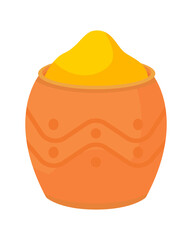 Yellow powder paint in bowl semi flat color vector object. Realistic item on white. Supply for Holi festival celebration isolated modern cartoon style illustration for graphic design and animation