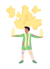 Man throws yellow paint semi flat color vector character. Dynamic figure. Full body person on white. Tradition on Holi isolated modern cartoon style illustration for graphic design and animation
