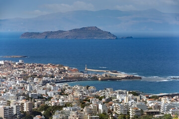 Obraz premium The old Venetian harbor of Chania, Crete, Greece. One of the oldest lighthouses in the world