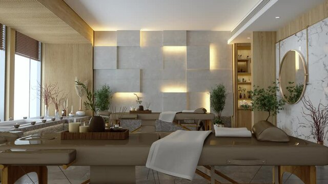 Luxury Spa Massage Room Interior With Massage Tables, Hot Tub And Marble Floor.