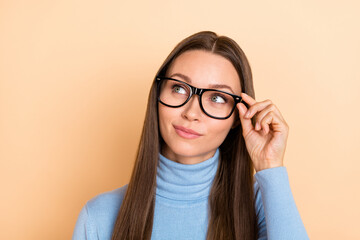 Photo of boss brunette young lady look promo wear eyewear blue turtleneck isolated on beige color background