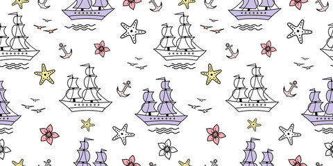 Fototapeta na wymiar Seamless pattern with sailship, anchor, and flowers. Cute Marine pattern for fabric, baby clothes, background, textile, wrapping paper, and other decoration. Vector illustration. pastel colors.