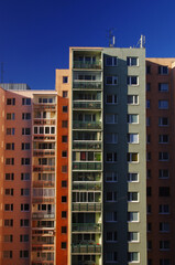 Block of flats, urban building, real estate concept. Council tower block. Expensive prices for flats and apartments in the city.