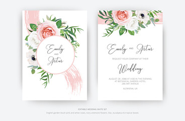 Obraz na płótnie Canvas Delicate vector art wedding invite and save the date card set with editable floral decoration. Watercolor blush pink rose flowers, ivory white anemone, lilac, eucalyptus and palm leaves wreath bouquet