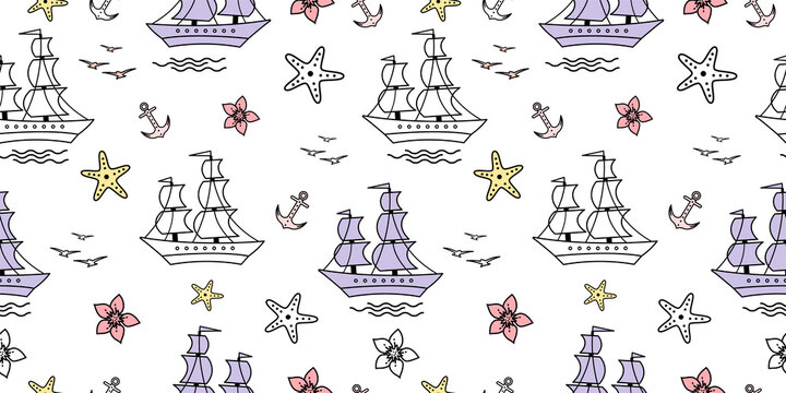 Seamless pattern with sailship, anchor, and flowers. Cute Marine pattern for fabric, baby clothes, background, textile, wrapping paper, and other decoration. Vector illustration. pastel colors.