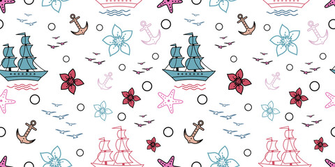 Seamless pattern with sailship, anchor, and flowers. Cute Marine pattern for fabric, baby clothes, background, textile, wrapping paper, and other decoration. Vector illustration. pastel colors.