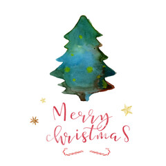 Watercolor illustration of Christmas tree. Composition Happy New Year. Pine twig, branch, ribbon, star, candy, bow, front view. Modern hand-drawn illustration of tree decoration, Xmas background.