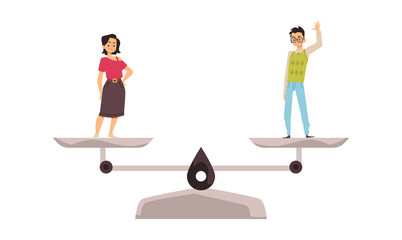 Young woman and Asian man weight equal on the balanced scale, Gender equality movement cartoon vector illustration.