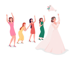 Bride throwing flowers to bridesmaids semi flat color vector characters. Standing figures. Full body people on white. Wedding isolated modern cartoon style illustration for graphic design, animation - obrazy, fototapety, plakaty