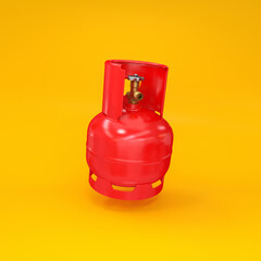 Gas cylinder 5L red floating on a yellow background, 3d render