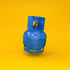 Gas cylinder 5L blue floating on a yellow background, 3d render