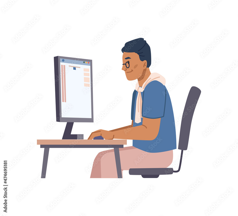 Poster Distant work or online communication with clients, man working at computer. Secretary or designer visualizing project, businessman or programmer writing code for application. Vector in flat style