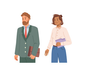 People wearing formal clothes holding documents and folders. Man and woman partners or colleagues with papers or reports, presentations for projects or tasks. Bookkeepers and accountants, vector