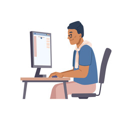 Fototapeta na wymiar Distant work or online communication with clients, man working at computer. Secretary or designer visualizing project, businessman or programmer writing code for application. Vector in flat style
