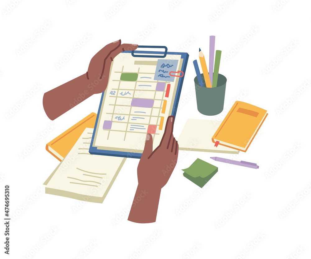 Aufkleber Planner or organizer for workflow organization and management. Person with notebook, tasks and schedule with deadlines or notes. Student with personal diary or journals. Vector in flat style
