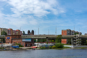 Kaliningrad, view of the Second trestle bridge over the Pregolya River from the Admiral Tributs embankment