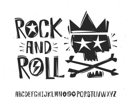 Rock'n'Roll music grunge Lettering with punk skull with crown isolated vector on white. Rock n Roll vintage doodle style type font. Vector illustration isolated on white background