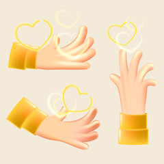 3d cartoon hands with glowing heart sign. 3d icon vector illustration.