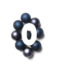 Fototapeta na wymiar New year number 0 on blue holiday balls. White background. Copy space, new 2022 offensive concept