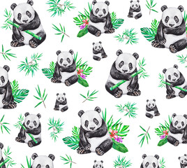 Pattern of funny panda bears. Watercolor. Idea for textiles, prints, covers and more. 