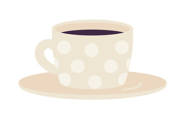 Cute cup of coffee semi flat color vector object. Hot drink in porcelain. Realistic item on white. Dotted mug of black tea isolated modern cartoon style illustration for graphic design and animation