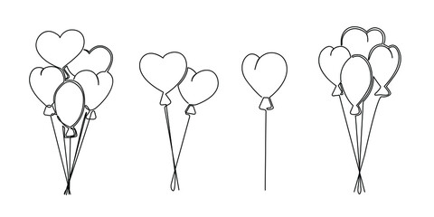 Set of heart shaped balloons. Drawn with one continuous line. Isolated stock vector illustration