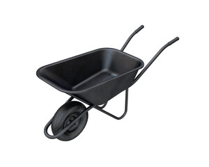 Black metal wheelbarrow on a white background, 3d render