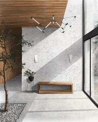 interior sketch of a hall in a modern style with a white brick wall and a tree indoors digital drawing