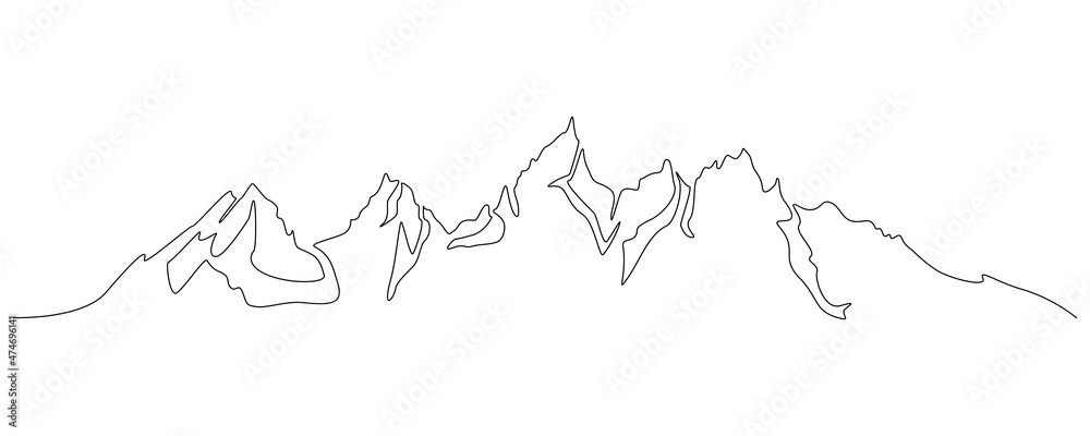 Poster one continuous line drawing of mountain range landscape silhouette. web banner with mounts ridge in 