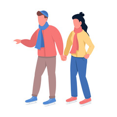 Couple in winter semi flat color vector characters. Dynamic figures. Full body people on white. Wintertime outdoor walk isolated modern cartoon style illustration for graphic design and animation