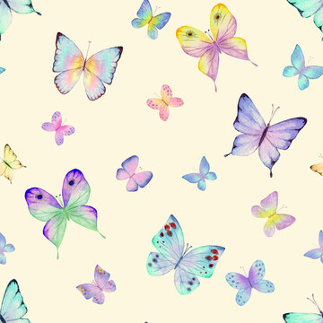Seamless botanical summer pattern with colorful watercolor butterflies