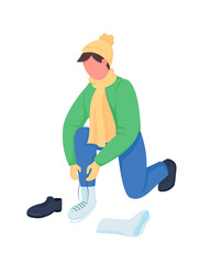 Man put on skates semi flat color vector character. Dynamic figure. Full body person on white. Preparing for winter ride isolated modern cartoon style illustration for graphic design and animation