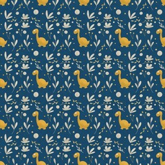 seamless pattern with small dinosaurs on blue background 