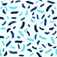 Fototapeta na wymiar Cute vector seamless pattern with different silhouettes of bird feathers. Repeating background for boys and girls. Blank for printing on fabrics and paper